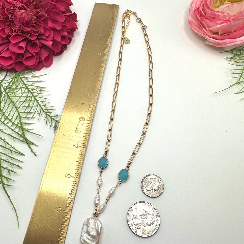 NEW⚜️Freshwater Baroque Pearl & Aqua Crystal Necklace - Picture 7 of 7